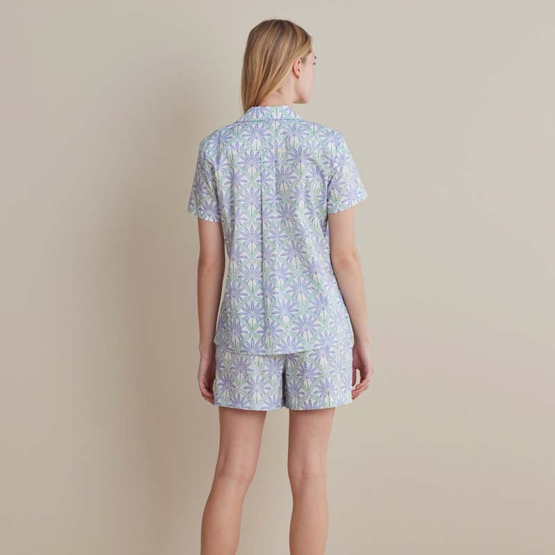 Printed Poplin Women's Shorts Set - Blue Palm, M