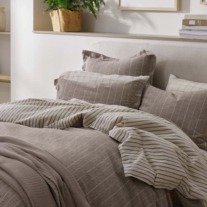 Tailored Stripes Premium Breathable Washed Linen Cotton Reversible Sham - Wide Stripe Dark Brown, Standard