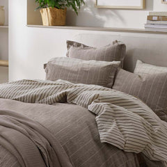Tailored Stripes Premium Breathable Washed Linen Cotton Reversible Duvet Cover - Wide Stripe Dark Brown, Twin/Twin XL