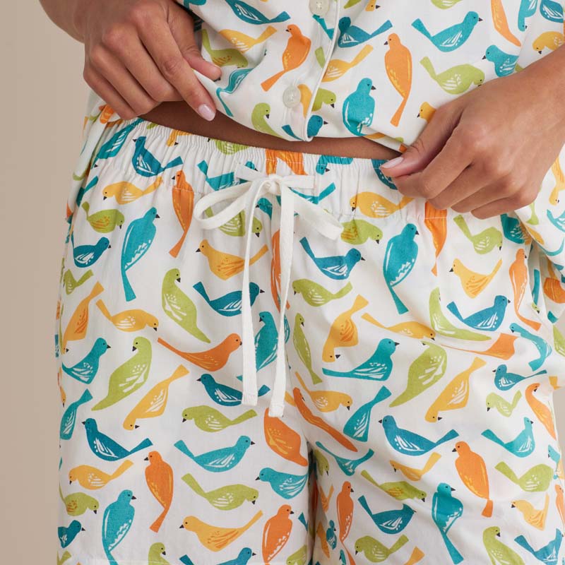 Printed Poplin Women's Shorts Set - Spring Birds, S