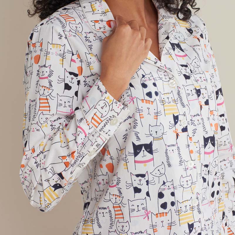 Printed Poplin Women's Button-Down Pajama Set - Kittie Party, L