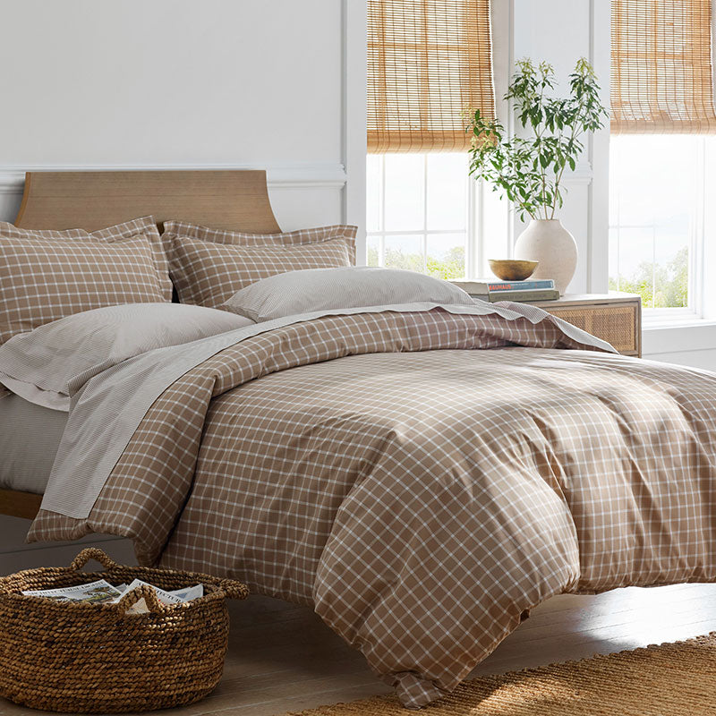 Classic Stripes and Plaids Cool Yarn-Dyed Cotton Percale Flat Bed Sheet - Windowpane Taupe, King/Cal. King