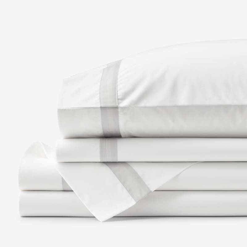 Contrast Border Premium Cool Supima® Cotton Percale Bed Sheet Set - Pearl Gray, Queen