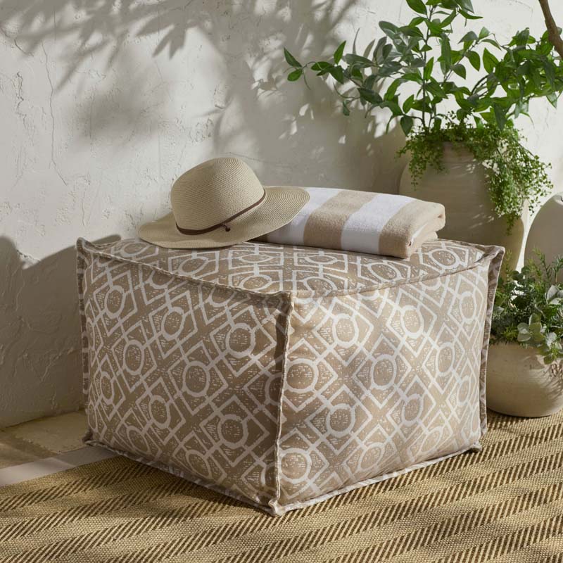 Indoor/Outdoor Pouf - Textured Fretwork Sand, Medium