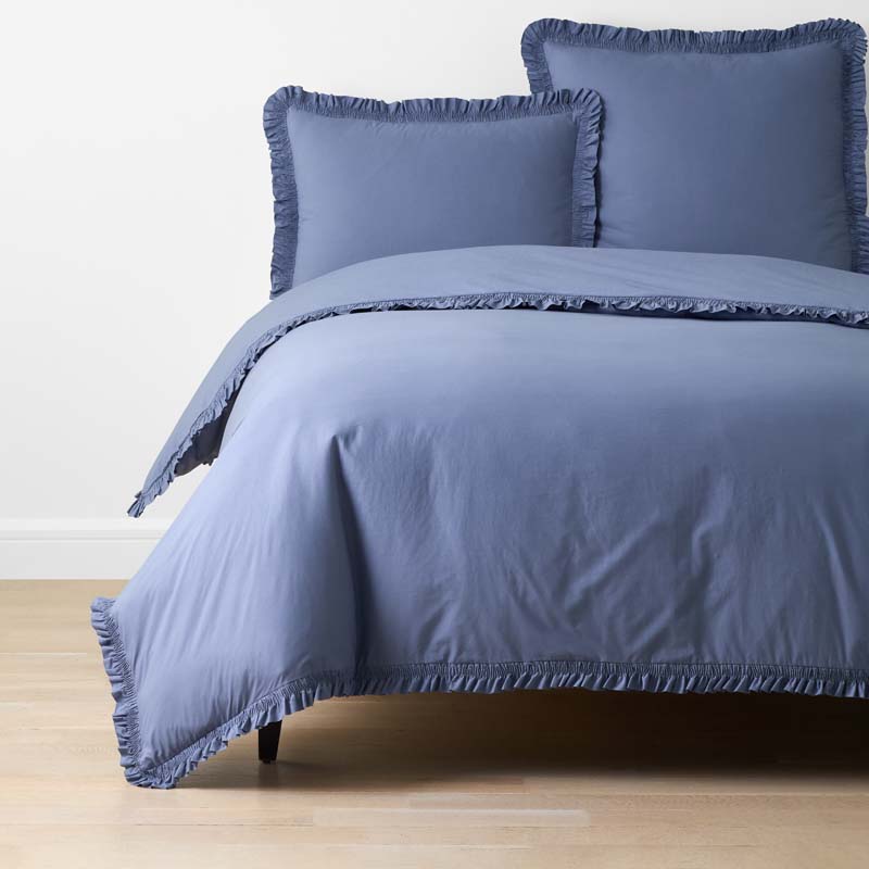 Solid Ruffle Garment Washed Cotton Percale Duvet Cover - Denim Blue, King/Cal. King
