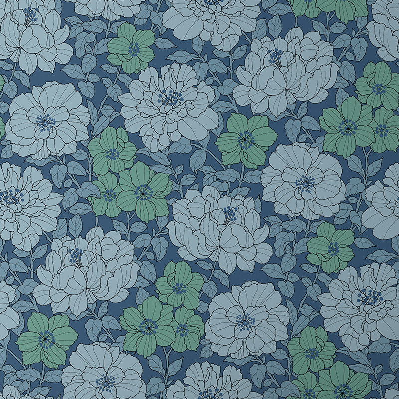 Large Blooms Traditional Wallpaper - Blue, Roll
