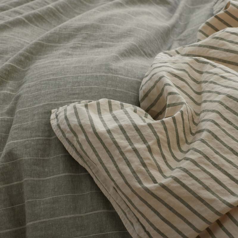 Tailored Stripes Premium Breathable Washed Linen Cotton Reversible Duvet Cover - Wide Stripe Dark Olive, Full/Queen