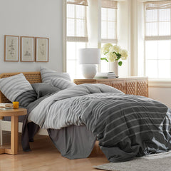 T-Shirt Soft Jersey Knit Stripe Yarn-Dyed Comforter Set - Gray Multi, Full/Queen