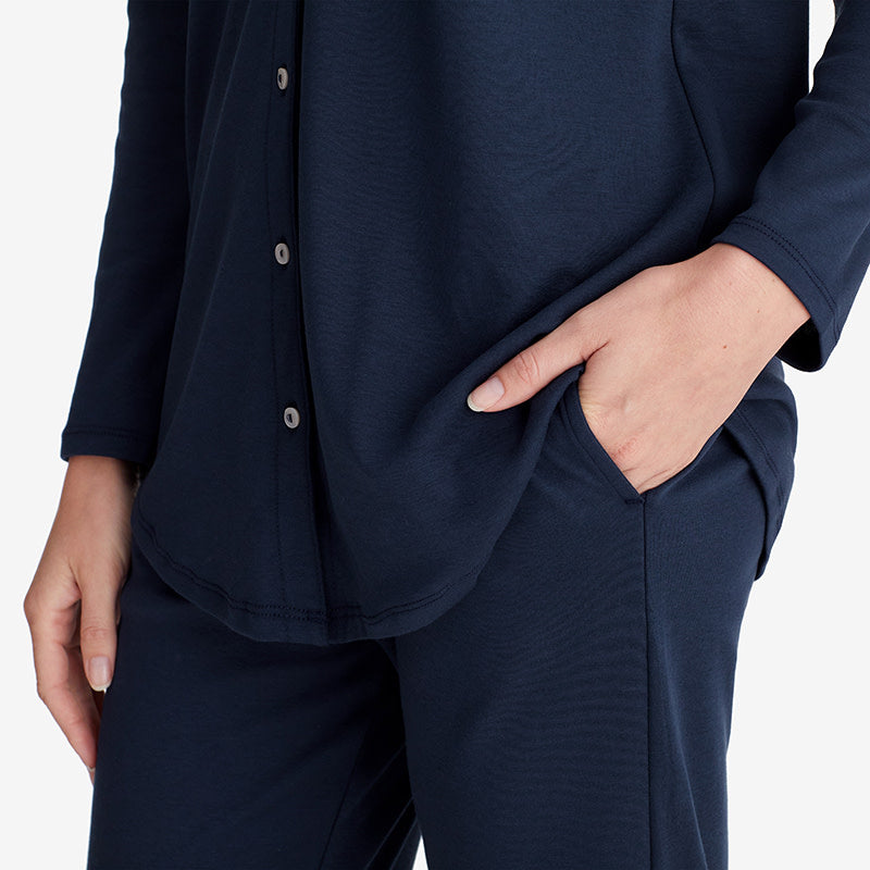 Pima Cotton Women's Button-Down Pajama Set - Navy, XXL