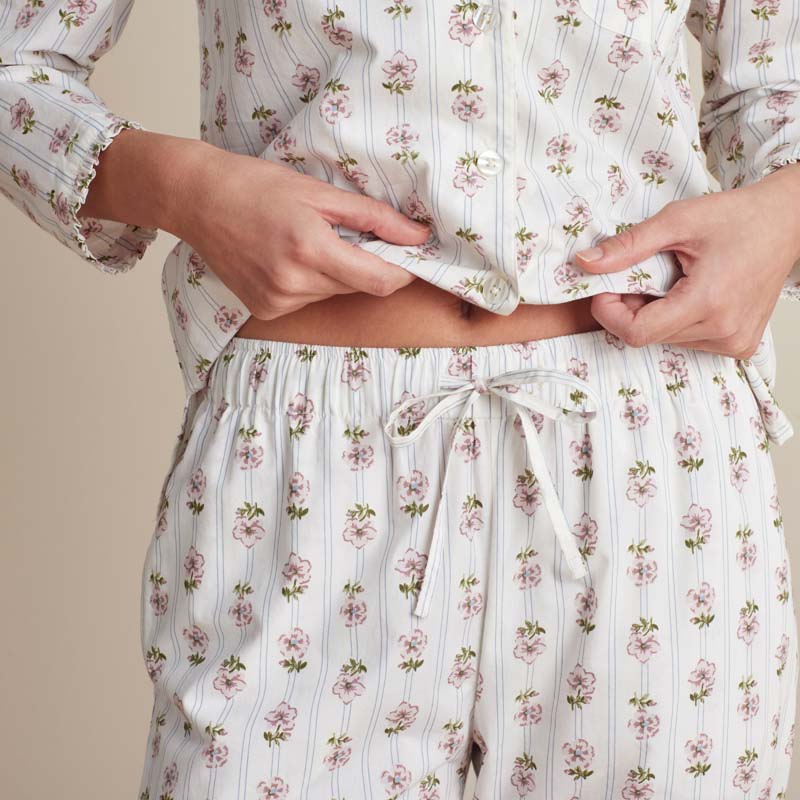 Printed Poplin Women's Long Sleeve Button-Down Pajama Set - Cottage Stripe, XS