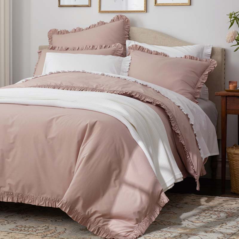 Solid Ruffle Garment Washed Cotton Percale Duvet Cover - Rose, Full/Queen
