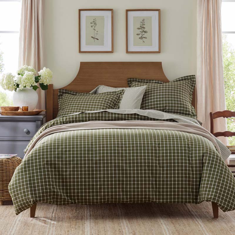 Classic Stripes and Plaids Cool Yarn-Dyed Cotton Percale Bed Sheet Set - Windowpane Green, Twin XL