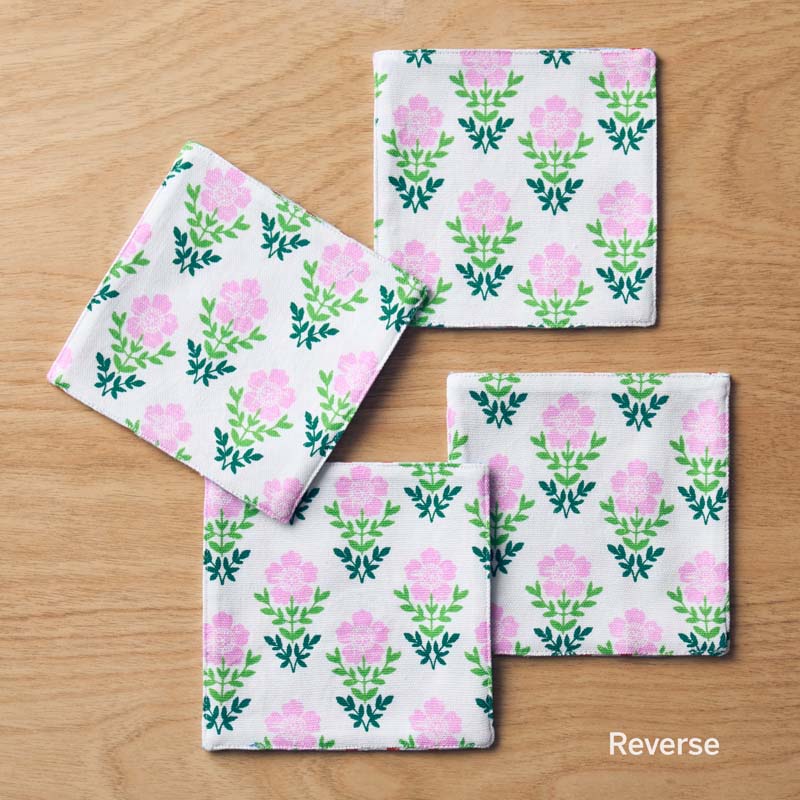 Floral Plaid Reversible Cocktail Napkins, Set of 4 - Red