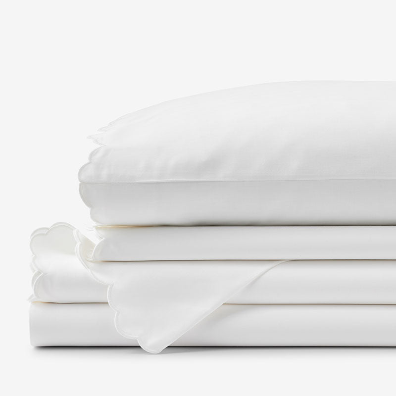 Embroidered Scallop Classic Smooth Sateen Solid Bed Sheet Set - White, Queen