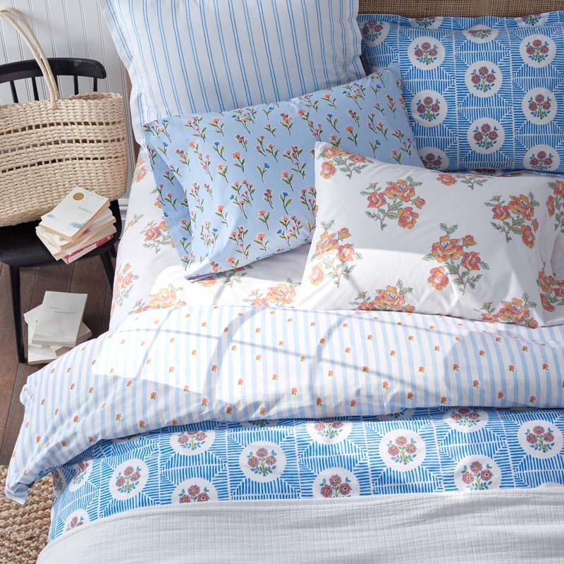 Blossoms and Stripes Classic Cool Cotton Percale Reversible Comforter - Blossom Veil, Full/Queen