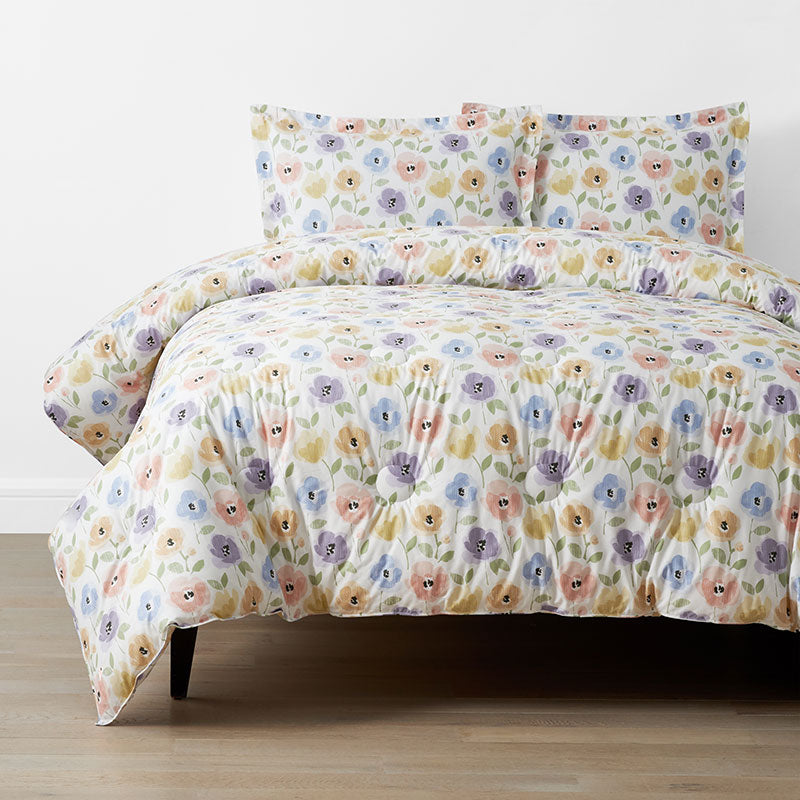 Pastel Poppies Classic Cool Organic Cotton Percale Comforter Set - White, Full/Queen