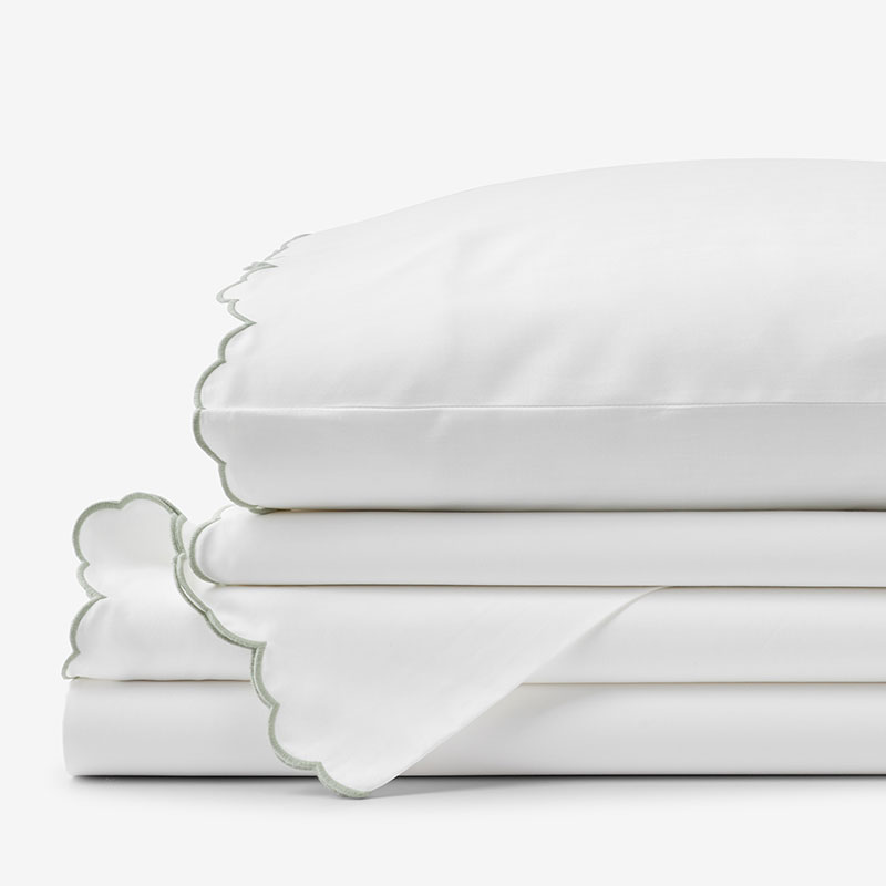 Embroidered Scallop Classic Smooth Sateen Solid Bed Sheet Set - Light Sage, Queen