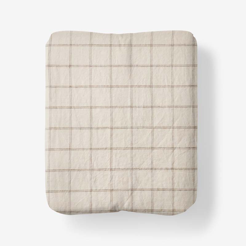 Tailored Stripes and Plaids Premium Breathable Washed Linen Cotton Fitted Bed Sheet - Windowpane Dark Brown, Full
