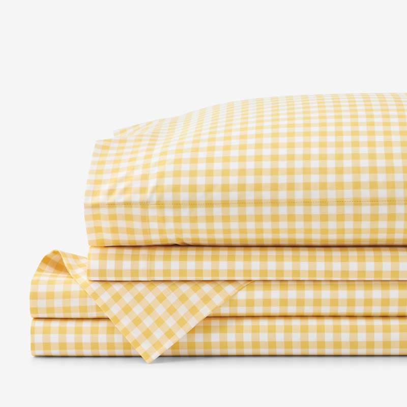 Gingham Classic Cool Organic Cotton Percale Bed Sheet Set - Yellow, Full