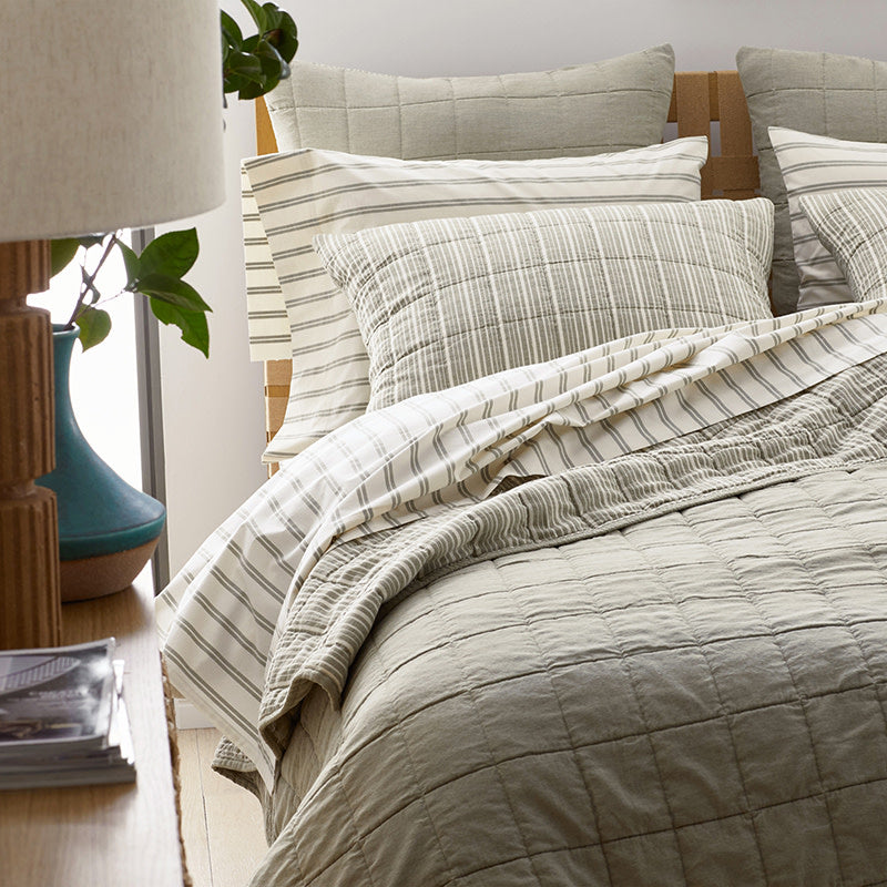 Tailored Stripes and Plaids Classic Cool Cotton Percale Sham - Narrow Stripe Moss Green, Euro