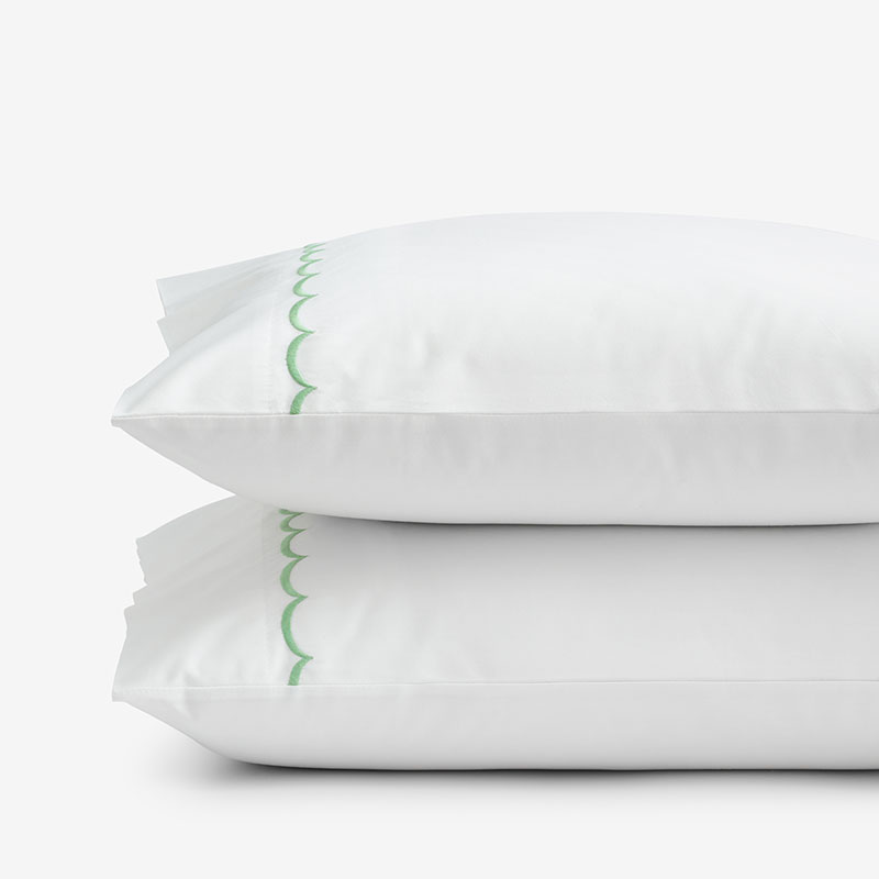 Embroidered Scallop Classic Cool Cotton Percale Pillowcase Set - Green, King