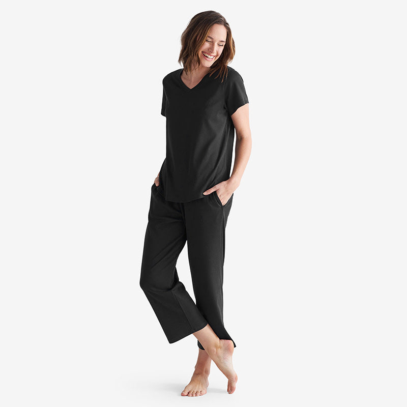 Pima Cotton Women's Cropped Pajama Set - Black, XXL