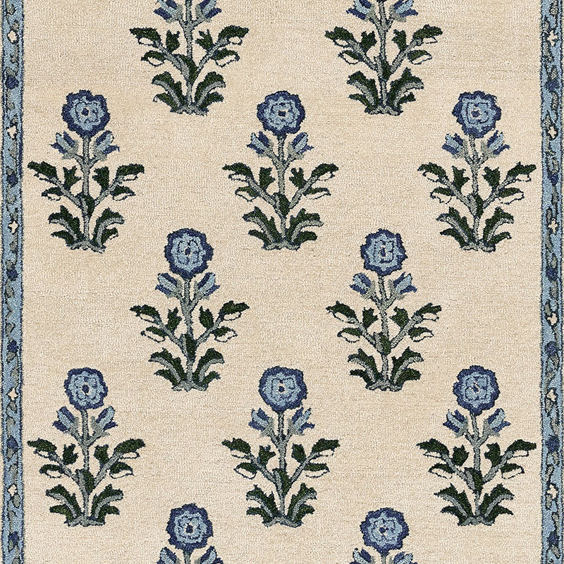 Floral Border Hand Tufted Wool Rug -  Blue, 4' x 6'
