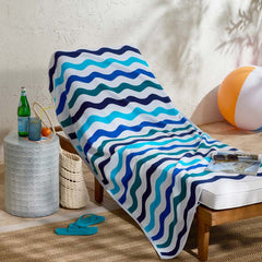 Cotton Terry Beach Towel - Blue Multi Wave