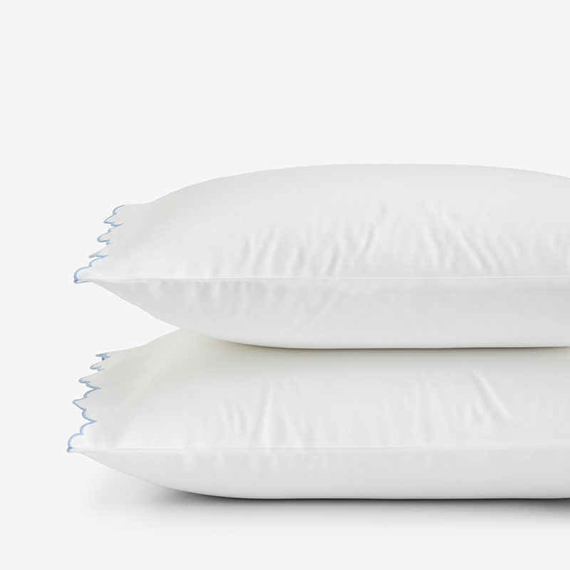 Embroidered Scallop Classic Smooth Sateen Solid Pillowcase Set - Light Blue, Standard