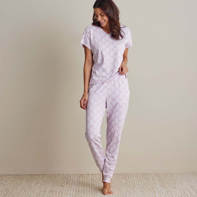 Printed Pima Cotton Women's Jogger Pants Pajama Set - Lisbon Mauve, L