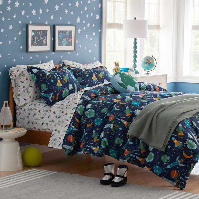 Planets and Rockets Classic Cool Organic Cotton Percale Pillowcase Set - Navy Multi, Standard