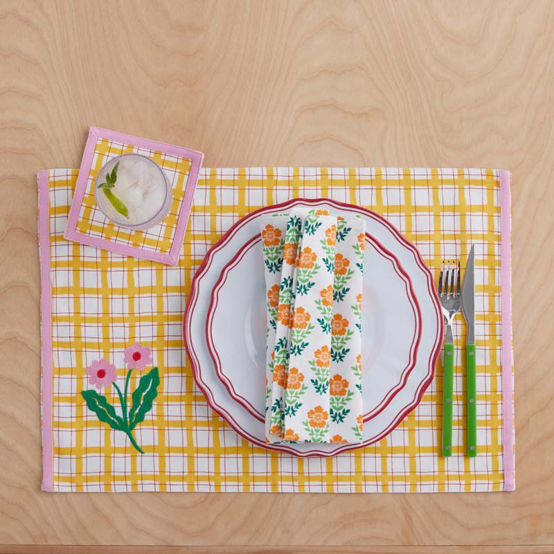 Floral Plaid Reversible Placemats, Set of 4 - Yellow