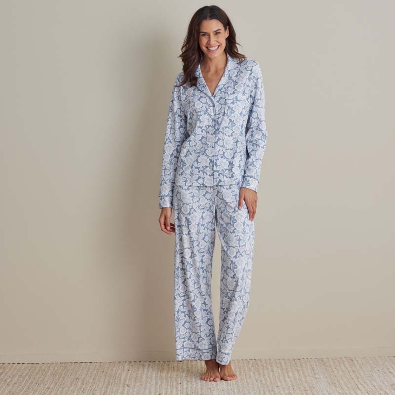 Printed Pima Cotton Women's Button-Down Pajama Set - Blue Garden, XS