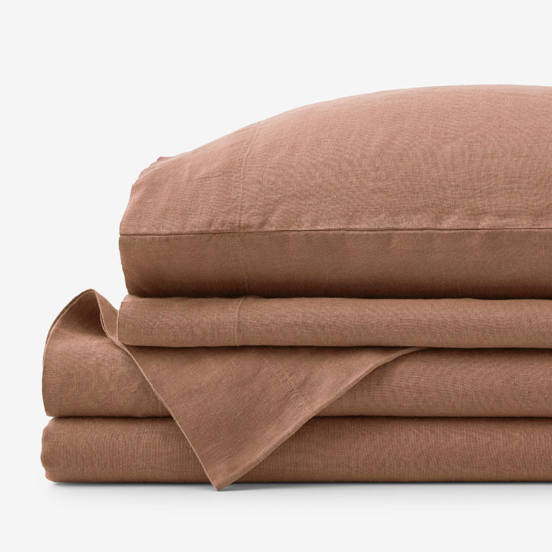 Premium Breathable Washed Linen Solid Bed Sheet Set - Terracotta, Queen