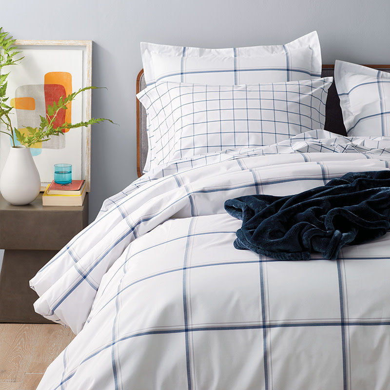 Tailored Stripes and Plaids Classic Cool Cotton Percale Bed Duvet Cover - Window Pane Plaid Navy, King/Cal. King