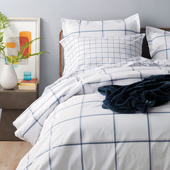 Tailored Stripes and Plaids Classic Cool Cotton Percale Bed Duvet Cover - Window Pane Plaid Navy, Full/Queen