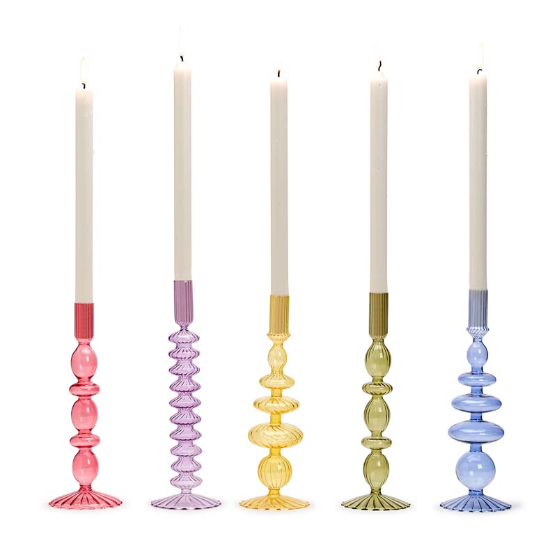 Hand-Blown Glass Taper Candlestick Candle Holders, Set of 5 - Multi