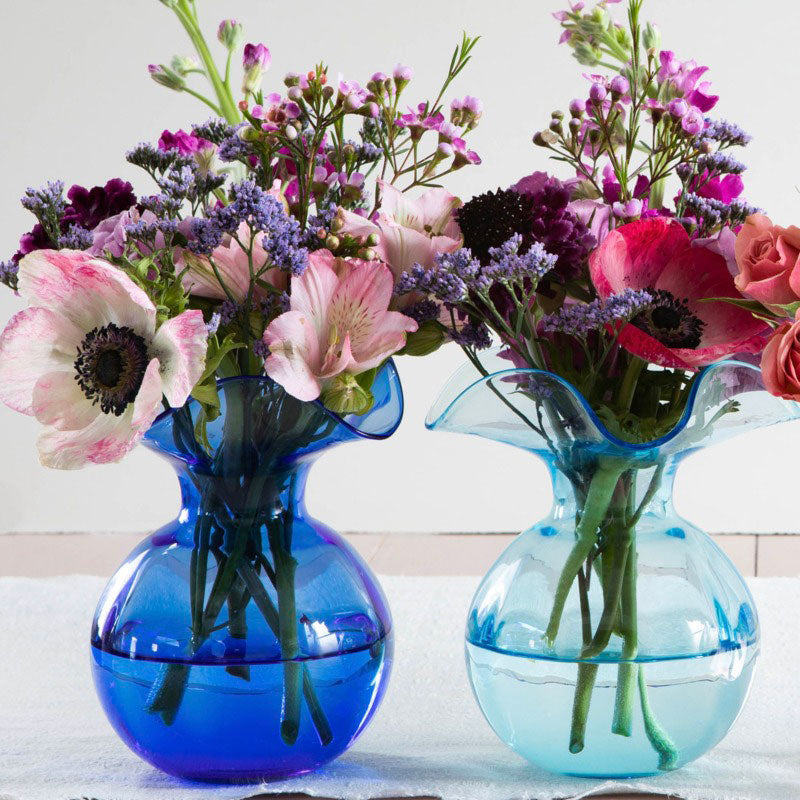 Hibiscus Glass Fluted Vases - Blue, Medium