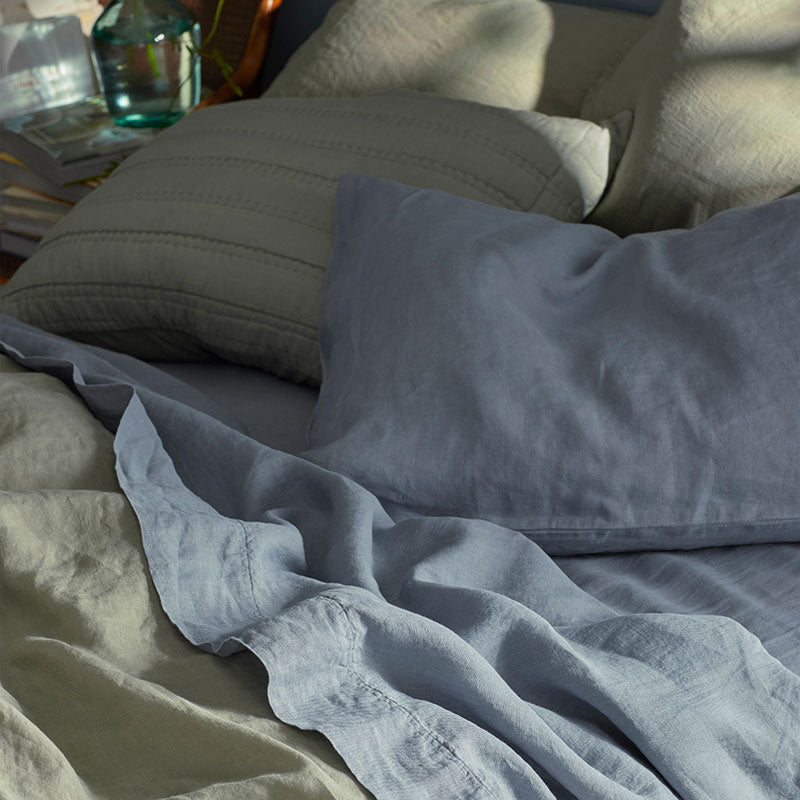 Premium Breathable Washed Linen Solid Flat Bed Sheet - Dusty Blue, Queen