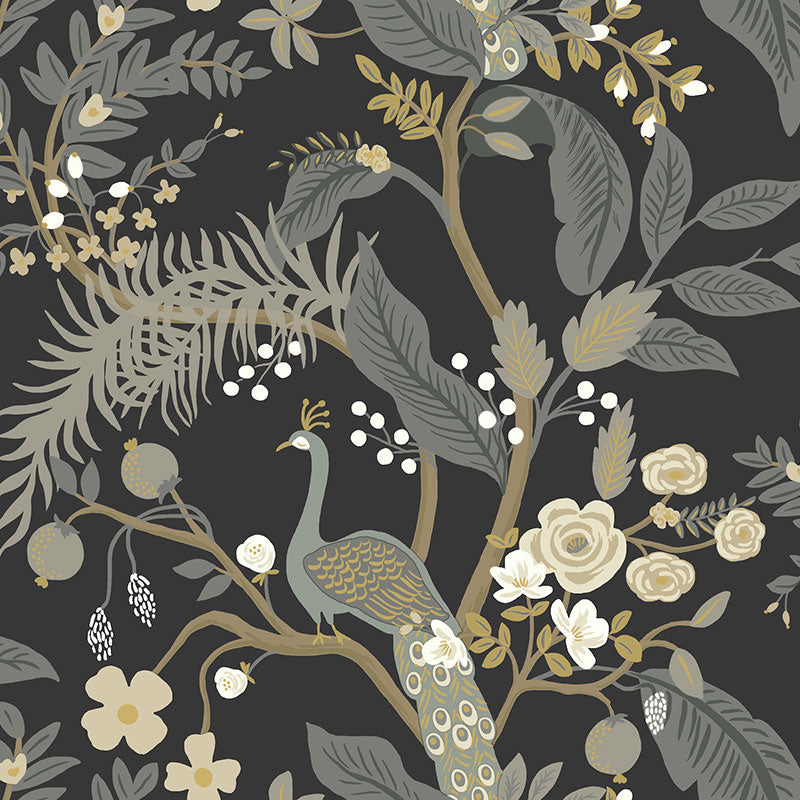 Peacock Traditional Wallpaper - Black, Roll