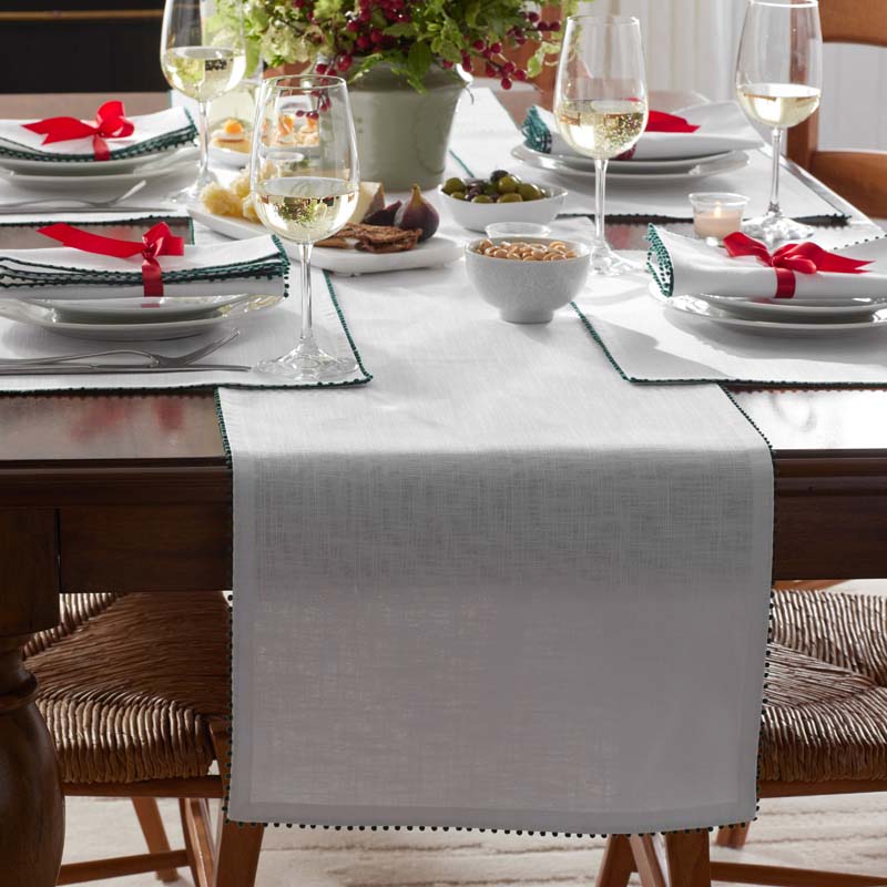 Pom Fringe Table Runner - Green, 16 in. x 90 in.