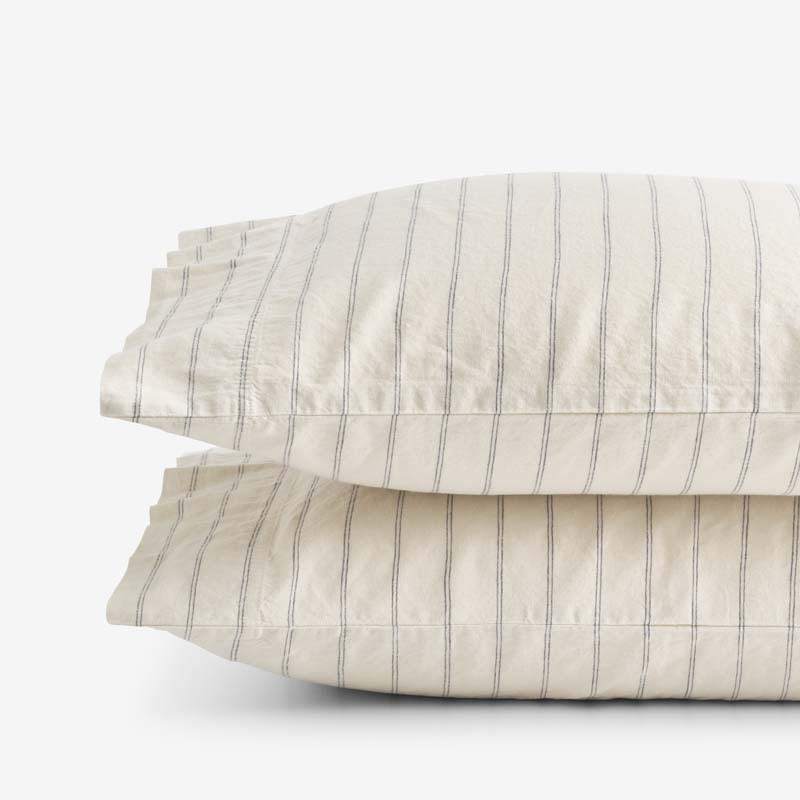Tailored Stripes and Plaids Premium Breathable Washed Linen Cotton Pillowcase Set - Stripe Deep Navy, Standard
