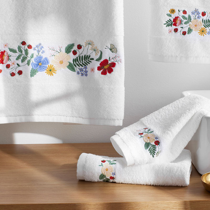 Strawberry Fields Embroidered Hand Towel - White