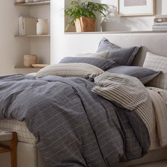 Tailored Stripes Premium Breathable Washed Linen Cotton Reversible Duvet Cover - Wide Stripe Deep Navy, King/Cal. King