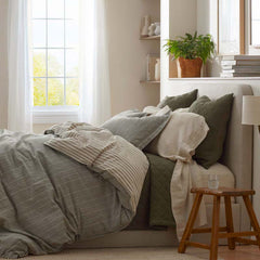 Tailored Stripes Premium Breathable Washed Linen Cotton Reversible Duvet Cover - Wide Stripe Dark Olive, King/Cal. King