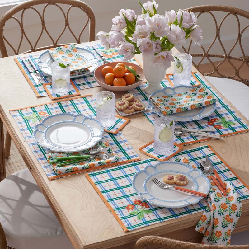 Floral Plaid Reversible Cocktail Napkins, Set of 4 - Green