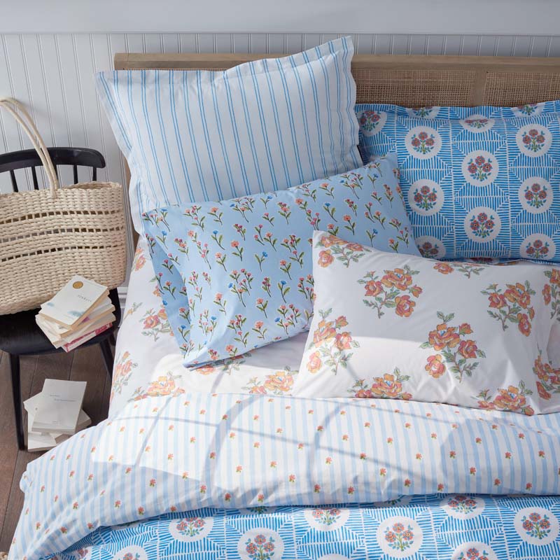 Blossoms and Stripes Classic Cool Cotton Percale Flat Bed Sheet - Garden Poppies, King/Cal. King