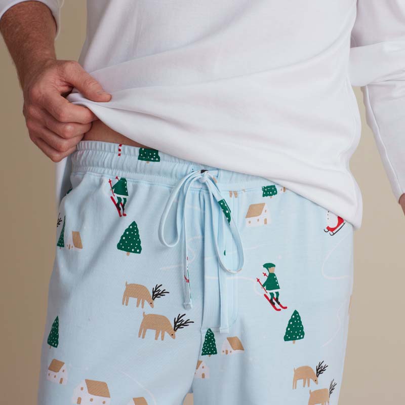 Family Printed Peruvian Cotton Men's Pajama Set - Santa's Ski Dash, S