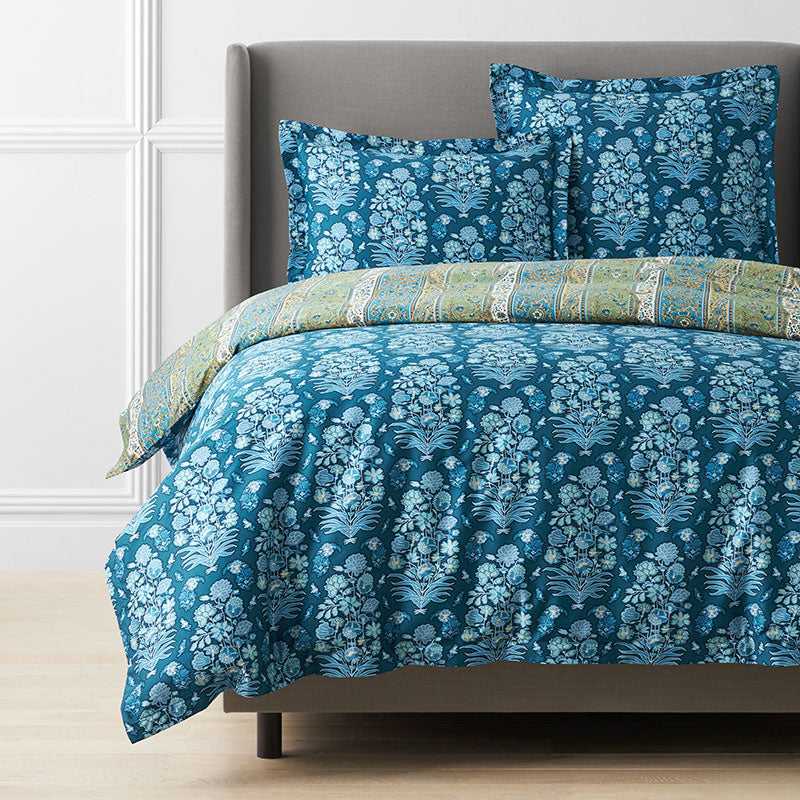 Nawab Floral Premium Smooth Sateen Reversible Duvet Cover - Blue Multi, Full/Queen
