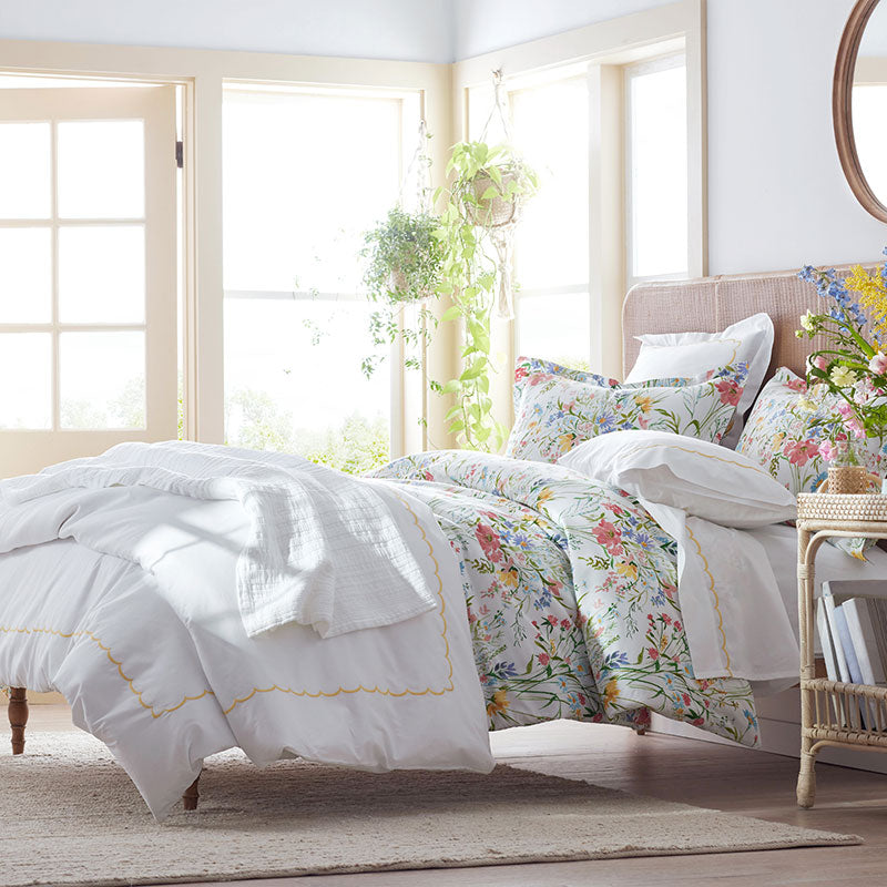 Scallop Embroidered Premium Cool Egyptian Percale Duvet Cover - Yellow, Full/Queen